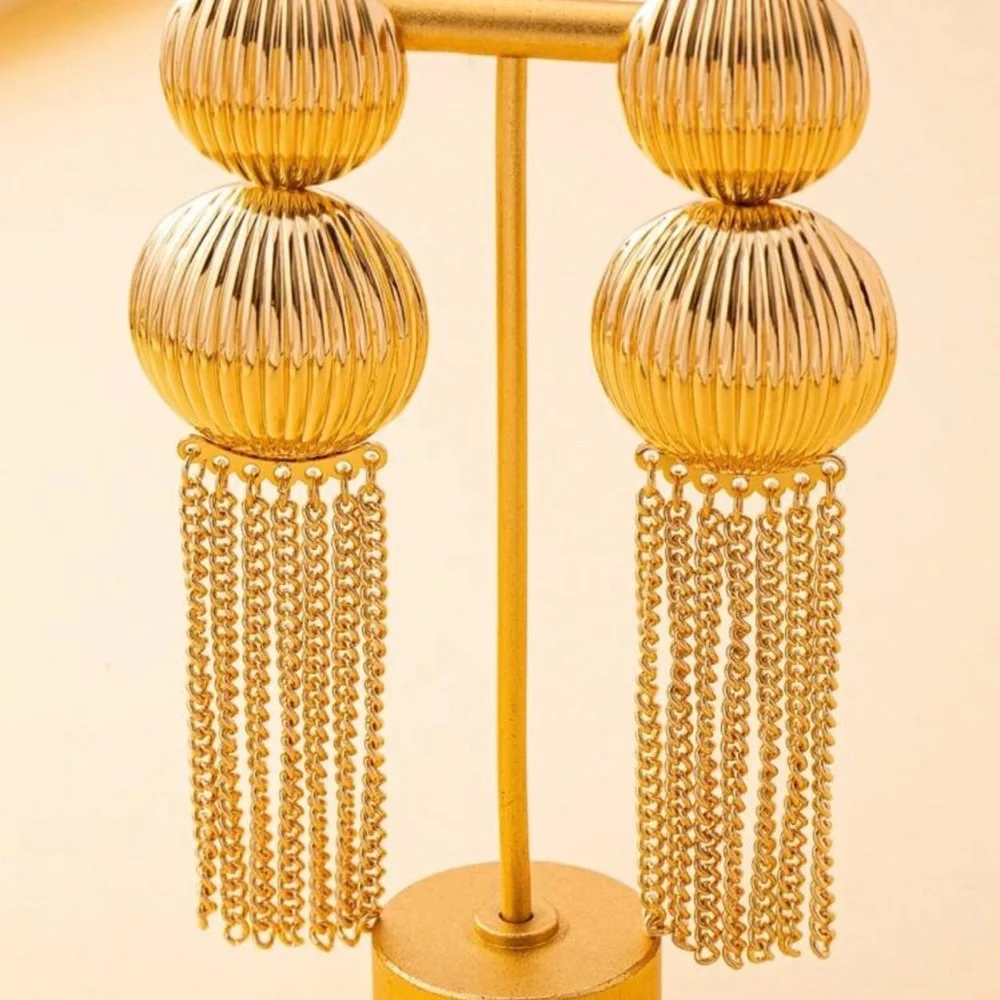 2/$30🌵 Gold Ribbed Circle Metal Long Tassel Chain Earrings Boho Jewelry Gift NEW